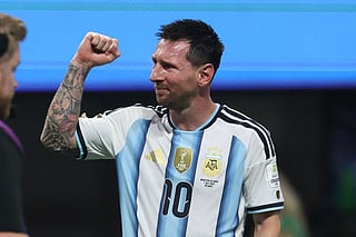 Argentina's forward #10 Lionel Messi has tears in his eyes as celebrates winning the 2026 World Cup round of 16 football match between Argentina and Egypt at Atlanta Stadium in Atlanta on July 7, 2026.