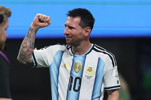 Argentina's forward #10 Lionel Messi has tears in his eyes as celebrates winning the 2026 World Cup round of 16 football match between Argentina and Egypt at Atlanta Stadium in Atlanta on July 7, 2026.