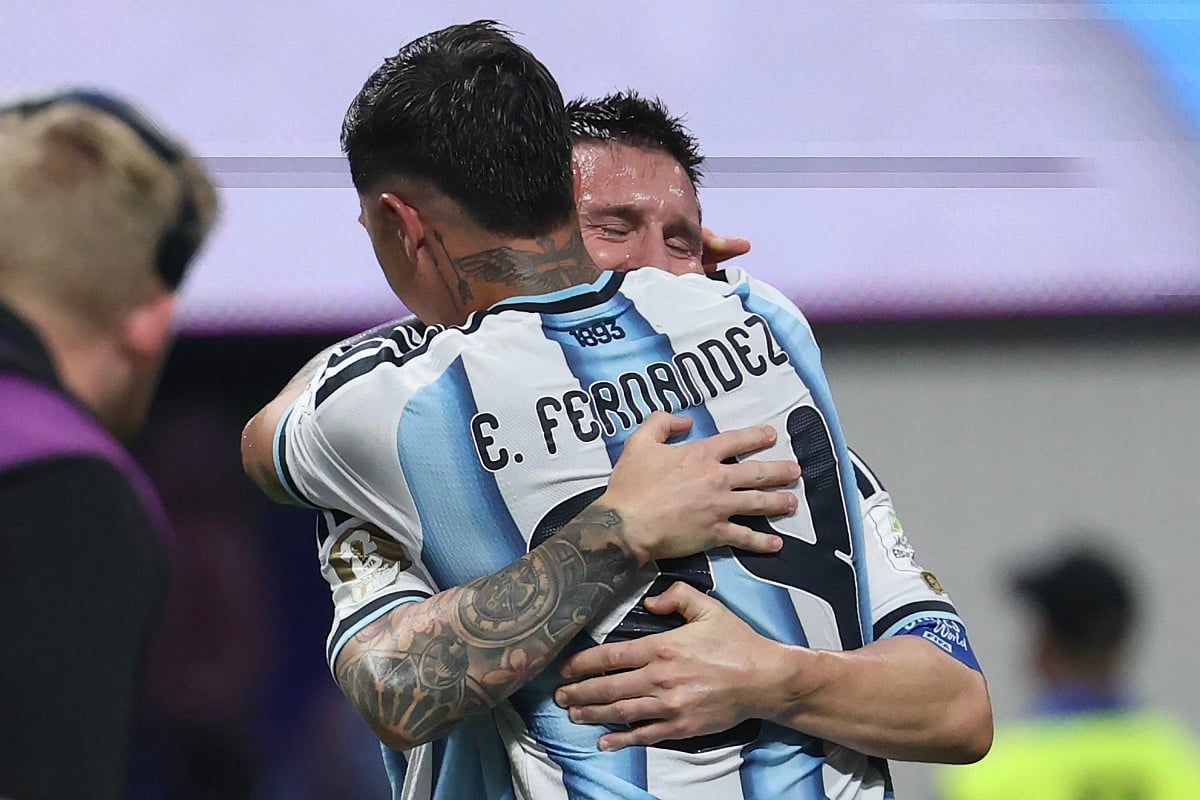 Argentina's forward #10 Lionel Messi has tears in his eyes as celebrates winning the 2026 World Cup round of 16 football match between Argentina and Egypt at Atlanta Stadium in Atlanta on July 7, 2026.