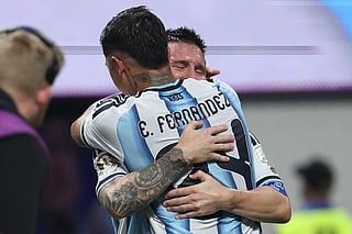 Argentina's forward #10 Lionel Messi has tears in his eyes as celebrates winning the 2026 World Cup round of 16 football match between Argentina and Egypt at Atlanta Stadium in Atlanta on July 7, 2026.