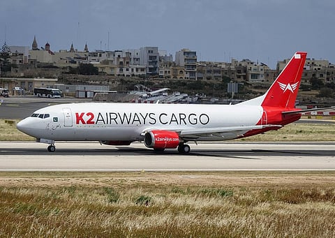 A K2 Airways Cargo Boeing 737-400 freighter. The plane operating flight KTA1732 from Sharjah to Karachi lost contact during the flight, triggering a search-and-rescue operation. The aircraft, registered AP-BOI, reportedly experienced navigation issues before radar and communication contact were lost over the Arabian Sea west of Karachi. Five crew members were on board.

