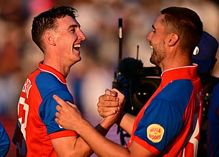 England's Harry Brook (L) reacts with England's Will Jacks after England won the fourth T20 International at the Seat Unique Stadium, in Bristol, south west England, on July 9, 2026.