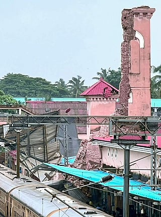 A view of the fallen portion of clock tower that collapsed at Kozhikode Railway station, in Kozhikode on Thursday. 