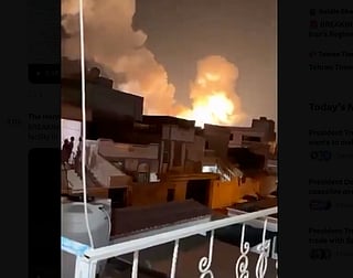 A screengrab from a resident's video showing a massive fire at a facility belonging to Iran's Islamic Revolutionary Guard Corps (IRGC) Aerospace Force in Bushehr province reportedly following US military strikes on dozens of targets across Iran, including those near Hormuz Strait and the southeastern port city of Chabahar, in retaliation to Iranian attacks on commercial shipping in the Strait of Hormuz.