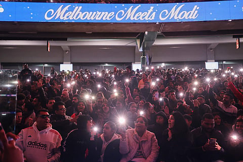 Supporters react as Indian Prime Minister Narendra Modi and Australian Prime Minister Anthony Albanese address a community event in Melbourne, Australia, Thursday, July 9, 2026.  
