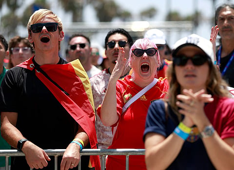 Spain fans react while watching the Spain V Belgium World Cup game at the Los Angeles World Cup 26 Fan Zone at Venice Beach on July 10, 2026 in Venice, California.