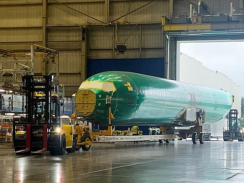 A fuselage arrives at Boeing's new "North Line" assembly line at the Boeing Everett Factory in Everett, Washington, on July 8, 2026.