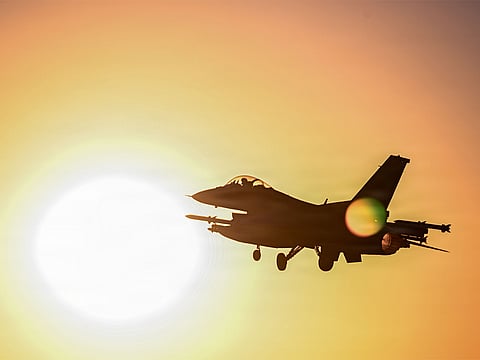 A US Air Force F-16 fighter jet takes off from a base in the Middle East.