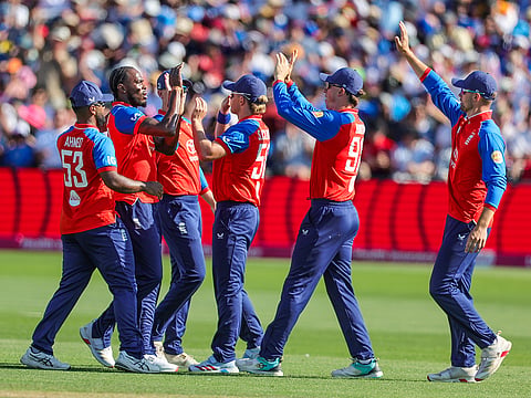 England’s Jofra Archer and teammates celebrate the wicket of India's Vaibhav Sooryavanshi during the 4th T20I, at County Ground in Bristol on Thursday. [Illustrative image]
