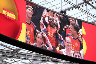 Keyne, the little brother of Lamine Yamal #19 of Spain, is seen on the screen during the FIFA World Cup 2026 Quarter Final match between Spain and Belgium at Los Angeles Stadium on July 10, 2026 in Inglewood, California.