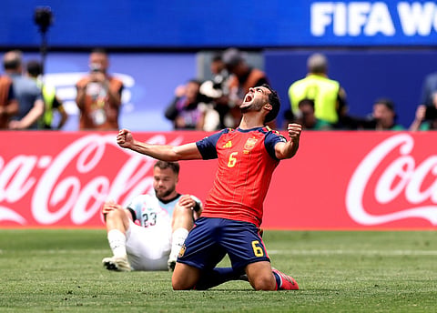 Mikel Merino #6 of Spain celebrates after the 2-1 victory during the FIFA World Cup 2026 Quarter Final match between Spain and Belgium at Los Angeles Stadium on July 10, 2026 in Inglewood, California.