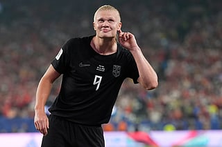 Norway's Erling Haaland (9) celebrates after scoring their third goal during the World Cup Group I soccer match between Norway and Senegal in East Rutherford, N.J., near New York, Monday, June 22, 2026. 