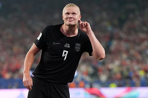 Norway's Erling Haaland (9) celebrates after scoring their third goal during the World Cup Group I soccer match between Norway and Senegal in East Rutherford, N.J., near New York, Monday, June 22, 2026. 