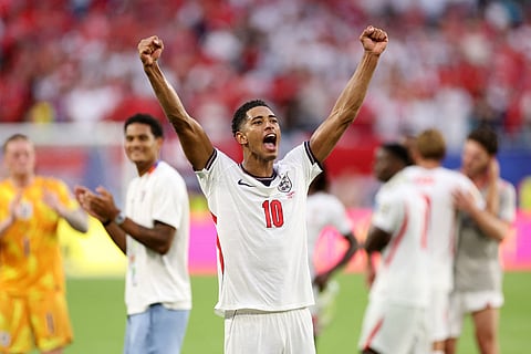 Jude Bellingham #10 of England celebrates after winning the FIFA World Cup 2026 Quarter Final match between Norway and England at Miami Stadium on July 11, 2026 in Miami Gardens, Florida.
