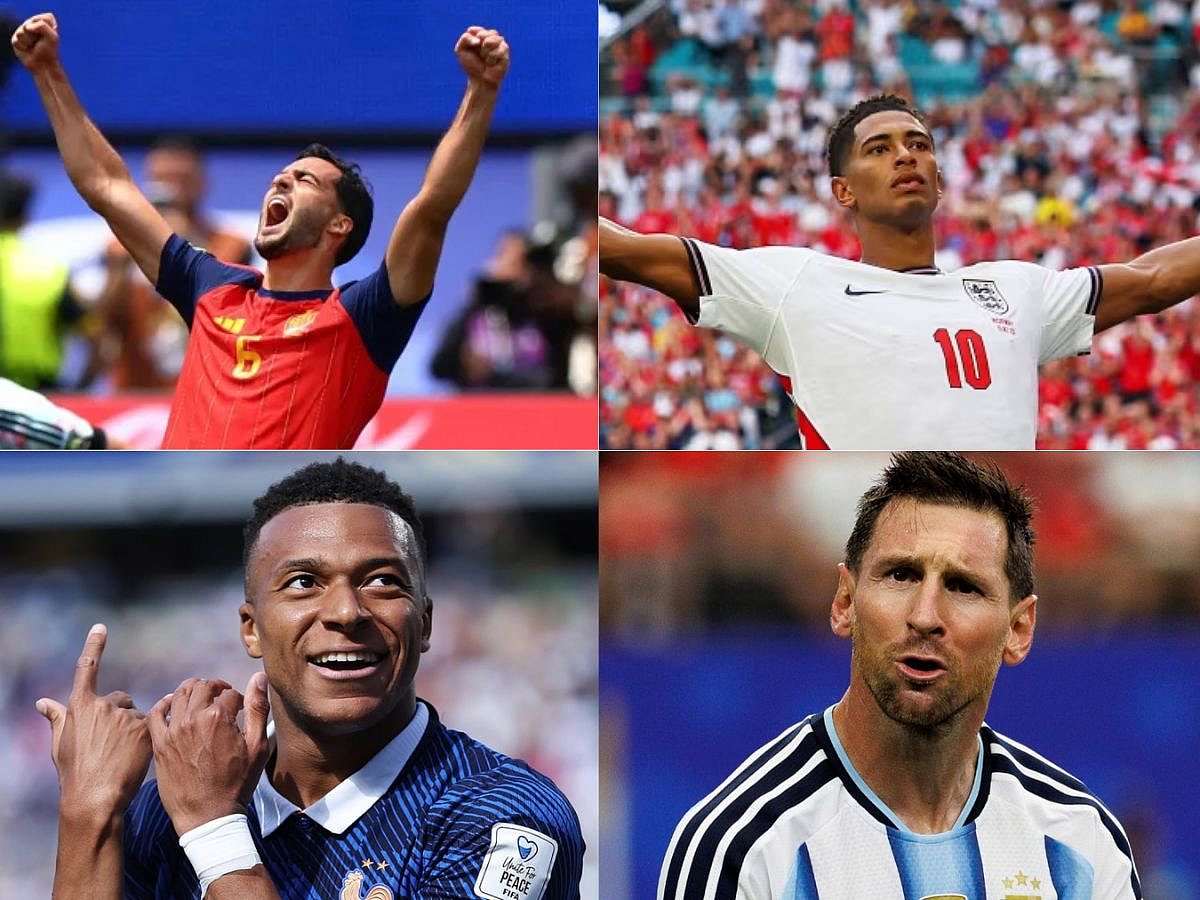 A combination of file photos created on July 13, 2026: Clockwise from top left: Spain's #5 Mikel Merino, England's #10 Jude Bellingham, Argentina's forward #10 Lionel Messi, and France's forward #10 Kylian Mbappe.