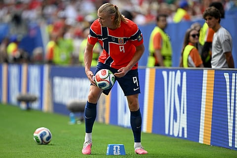 Norway's forward #09 Erling Braut Haaland retrieves a ball during the 2026 World Cup football tournament quarter-final match between Norway and England at Miami Stadium in Miami Gardens on July 11, 2026.