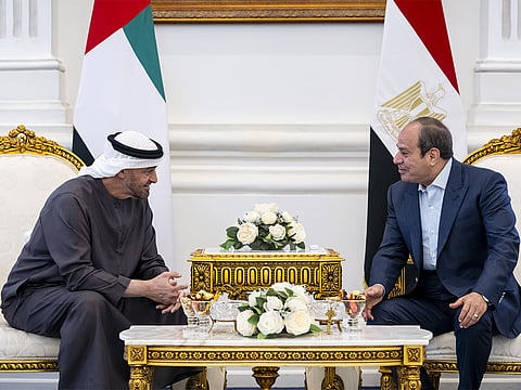 UAE President His Highness Sheikh Mohamed bin Zayed Al Nahyan and Abdel Fattah Al Sisi, President of Egypt, hold talks in El Alamein, Egypt.