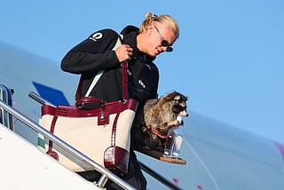 Norway's striker Erling Braut Haaland gets off the plane after Norway's national football team landed at Oslo's Gardermoen Airport on July 13, 2026.