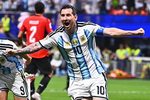 Argentina's Lionel Messi (10) celebrates scoring their second goal during the World Cup round of 16 soccer match between Argentina and Egypt in Atlanta, Tuesday, July 7, 2026. (AP Photo)