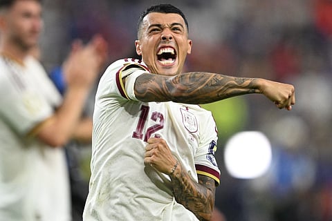 Spain's defender #12 Pedro Porro celebrates after his team won the 2026 World Cup football tournament semi-final match between France and Spain at the Dallas Stadium in Arlington on July 14, 2026.