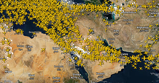 An AirNav Radar screenshot shows commercial flight activity from July 14 across the Gulf region, where many airlines have adjusted routes or avoided certain airspace following the latest European aviation safety advisory amid heightened US-Iran tensions.