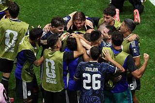 Argentina's players celebrate their team's second goal during the 2026 World Cup football tournament semi-final match between England and Argentina at the Atlanta Stadium in Atlanta on July 15, 2026.