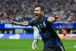 Lionel Messi #10 of Argentina celebrates the team's second goal by Lautaro Martinez #22 during the FIFA World Cup 2026 Semi Final match between England and Argentina at Atlanta Stadium on July 15, 2026 in Atlanta, Georgia.