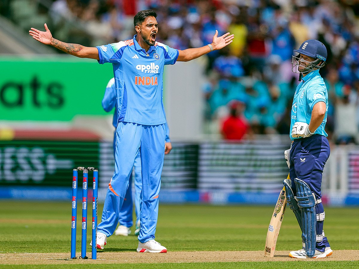 India's Gurnoor Brar celebrates the wicket of England's Ben Duckett during 1st ODI, at Edgbaston stadium in Birmingham on Tuesday.