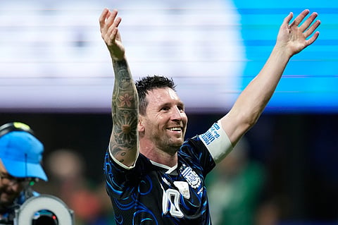 Argentina's Lionel Messi gestures to the fans at the end of the World Cup semifinal soccer match between England and Argentina in Atlanta, Wednesday, July 15, 2026. (AP Photo/Rebecca Blackwell)