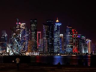 A view of the Doha skyline at night.