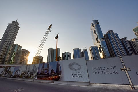 2016 : Construction site of Museum of the Future along with the towers on Shaikh Zayed road near Emirates Towers,in Dubai.