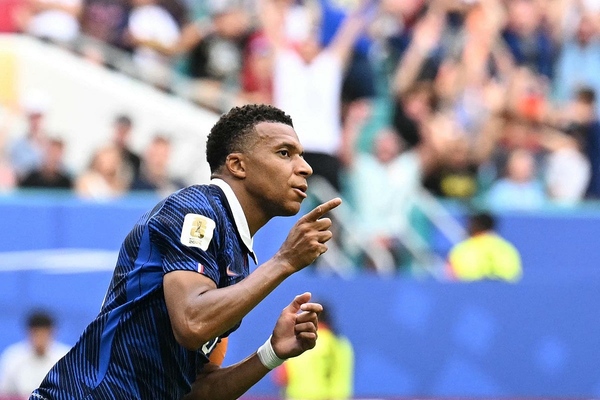 France's forward #10 Kylian Mbappe celebrates scoring his team's third goal during the 2026 World Cup football tournament third-place match between France and England at the Miami Stadium in Miami on July 18, 2026.