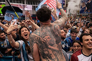 Fans of Argentina show support to their team ahead of the FIFA World Cup 2026 Final Match against Spain at Times Square on July 18, 2026 in New York City.