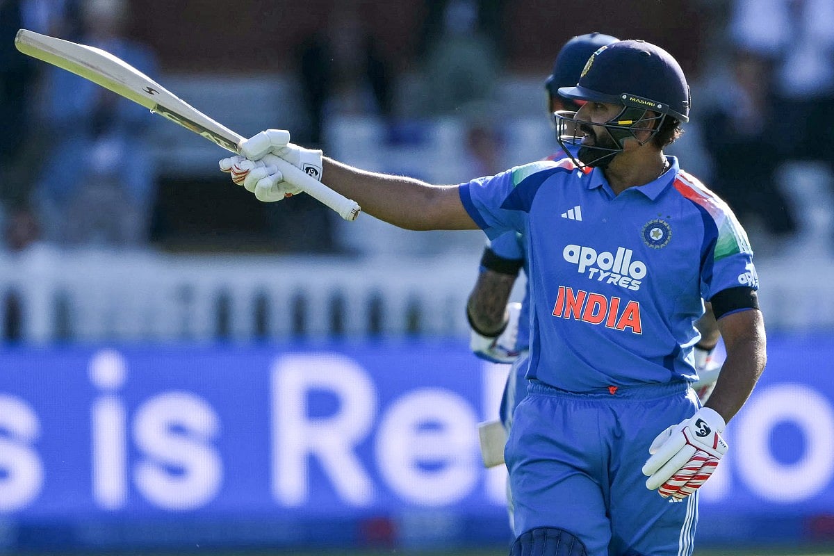 India's Rohit Sharma celebrates his century during the third one-day international (ODI) cricket match between England and India at Lord's cricket ground in London on July 19, 2026.