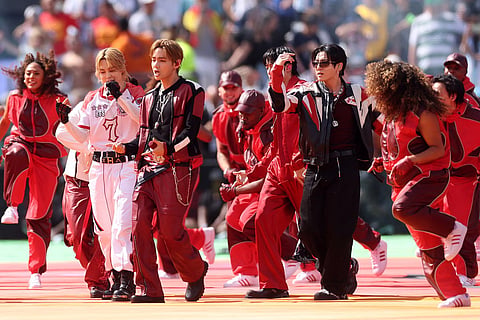 Jimin, V, J-Hope and Jung Kook of BTS perform during the FIFA World Cup 2026 Final match between Spain and Argentina at New York New Jersey Stadium on July 19, 2026 in East Rutherford, New Jersey.