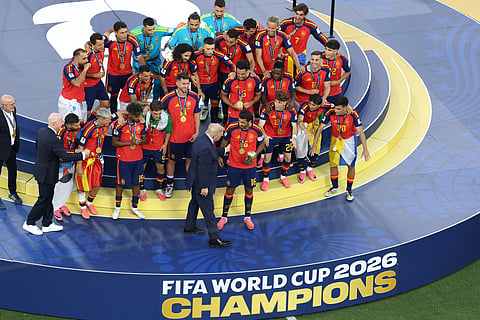 Rodri #16 of Spain is presented the FIFA World Cup Winner’s Trophy by FIFA President Gianni Infantino and U.S. President Donald Trump as they celebrate the World Cup champions following the FIFA World Cup 2026 Final match between Spain and Argentina at New York New Jersey Stadium on July 19, 2026 in East Rutherford, New Jersey.