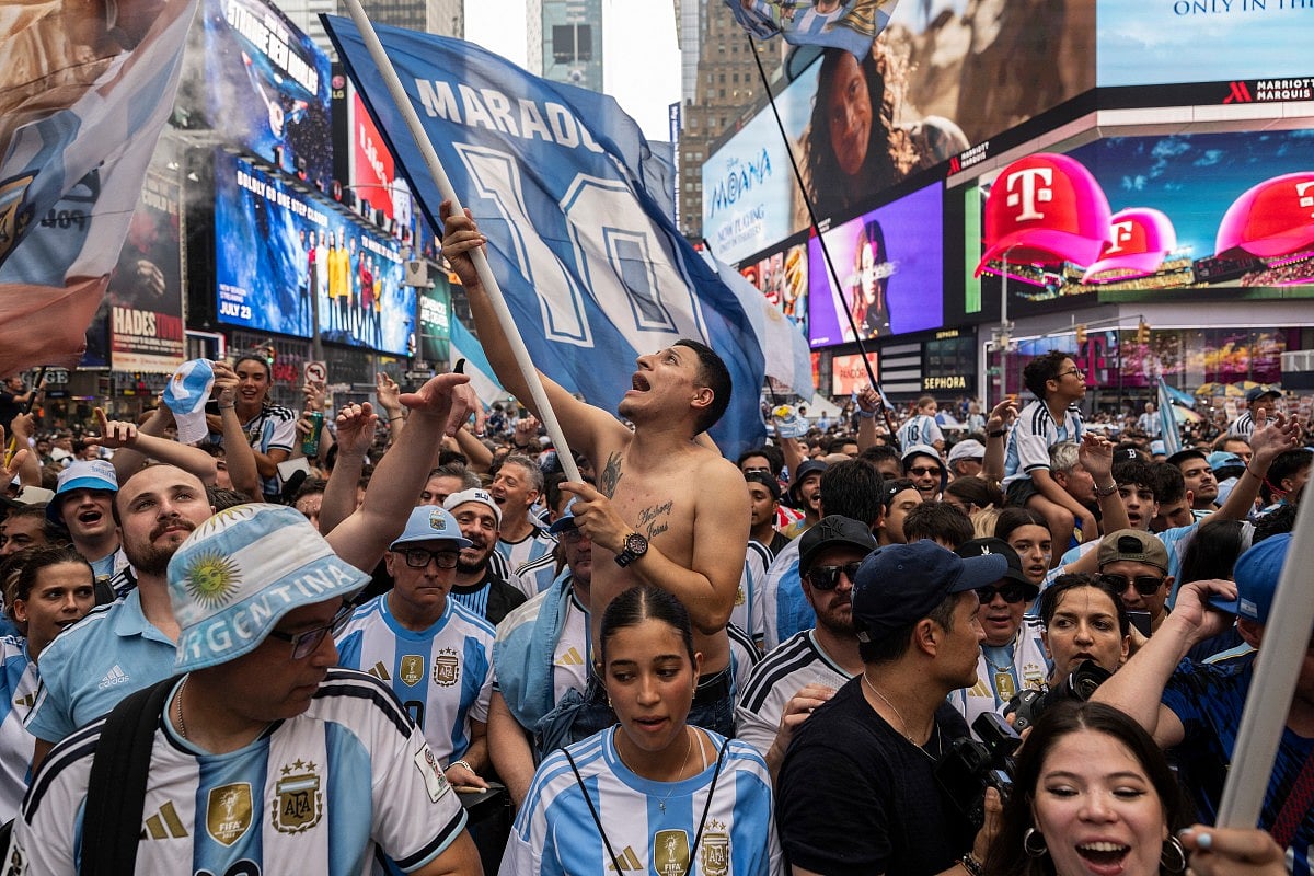 Fans of Argentina show support to their team ahead of the FIFA World Cup 2026 Final Match against Spain at Times Square in New York City.