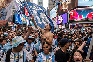 Fans of Argentina show support to their team ahead of the FIFA World Cup 2026 Final Match against Spain at Times Square in New York City.