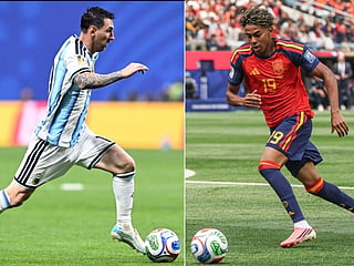 This combination of file photos created on July 16, 2026, shows Argentina's forward #10 Lionel Messi in Atlanta on July 7, 2026 (L); and Spain's forward #19 Lamine Yamal in Inglewood on July 2, 2026.