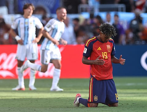 Lamine Yamal #19 of Spain celebrates after the 1-0 win during the FIFA World Cup 2026 Final match between Spain and Argentina at New York New Jersey Stadium on July 19, 2026 in East Rutherford, New Jersey.