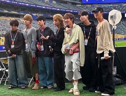 BTS were spotted rehearsing at MetLife Stadium today, gearing up for their slot at the first-ever official FIFA World Cup Final Halftime Show. 