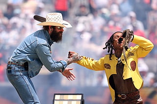 Post Malone and Swae Lee perform during the closing ceremony before the FIFA World Cup 2026 Final match between Spain and Argentina at New York New Jersey Stadium on July 19, 2026 in East Rutherford, New Jersey.