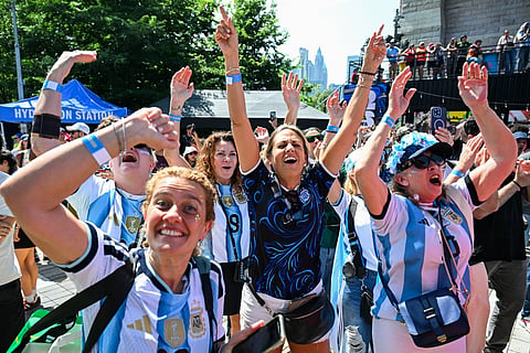 Argentina fans react during the first half of the Argentina vs Spain FIFA World Cup 2026 Final at an Adidas fan event in Brooklyn Bridge Park on July 19, 2026 in the Brooklyn Borough of New York City.