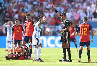 Referee Slavko Vincic shows a red card to Enzo Fernandez #24 of Argentina during the FIFA World Cup 2026 Final match between Spain and Argentina at New York New Jersey Stadium on July 19, 2026 in East Rutherford, New Jersey.