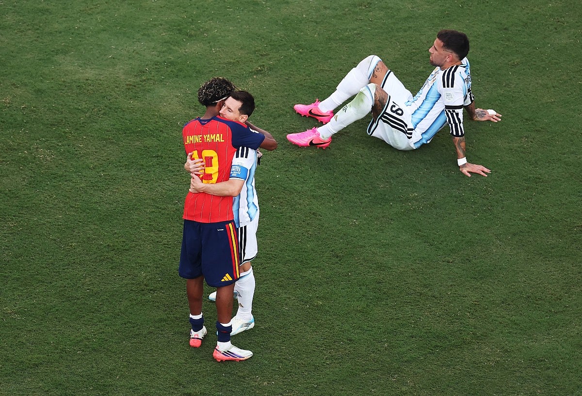 Lamine Yamal #19 of Spain is congratulated by Lionel Messi #10 of Argentina after the 1-0 win during the FIFA World Cup 2026 Final match between Spain and Argentina at New York New Jersey Stadium on July 19, 2026 in East Rutherford, New Jersey.