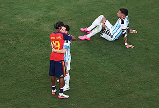 Lamine Yamal #19 of Spain is congratulated by Lionel Messi #10 of Argentina after the 1-0 win during the FIFA World Cup 2026 Final match between Spain and Argentina at New York New Jersey Stadium on July 19, 2026 in East Rutherford, New Jersey.