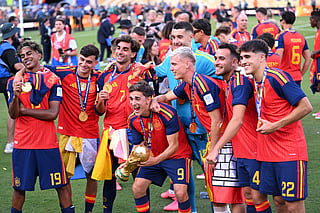 Gavi #9 of Spain and teammates celebrate with the FIFA World Cup Winner’s Trophy after the team’s victory following the FIFA World Cup 2026 Final match between Spain and Argentina at New York New Jersey Stadium on July 19, 2026 in East Rutherford, New Jersey.