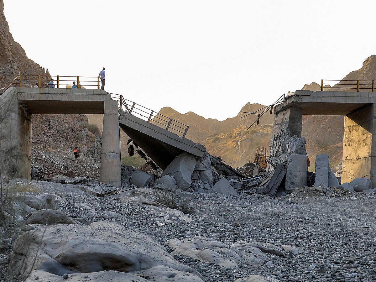 A heavily-damaged bridge which was hit by a US strike is pictured along the road connecting Roudan and Bandar Abbas in southern Iran.