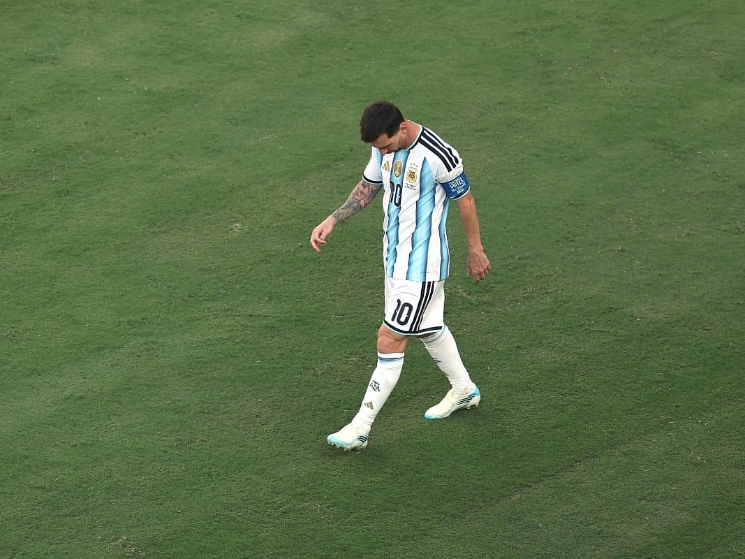 Lionel Messi of Argentina reacts during the FIFA World Cup 2026 Final match between Spain and Argentina at New York New Jersey Stadium on July 19, 2026 in East Rutherford, New Jersey.
