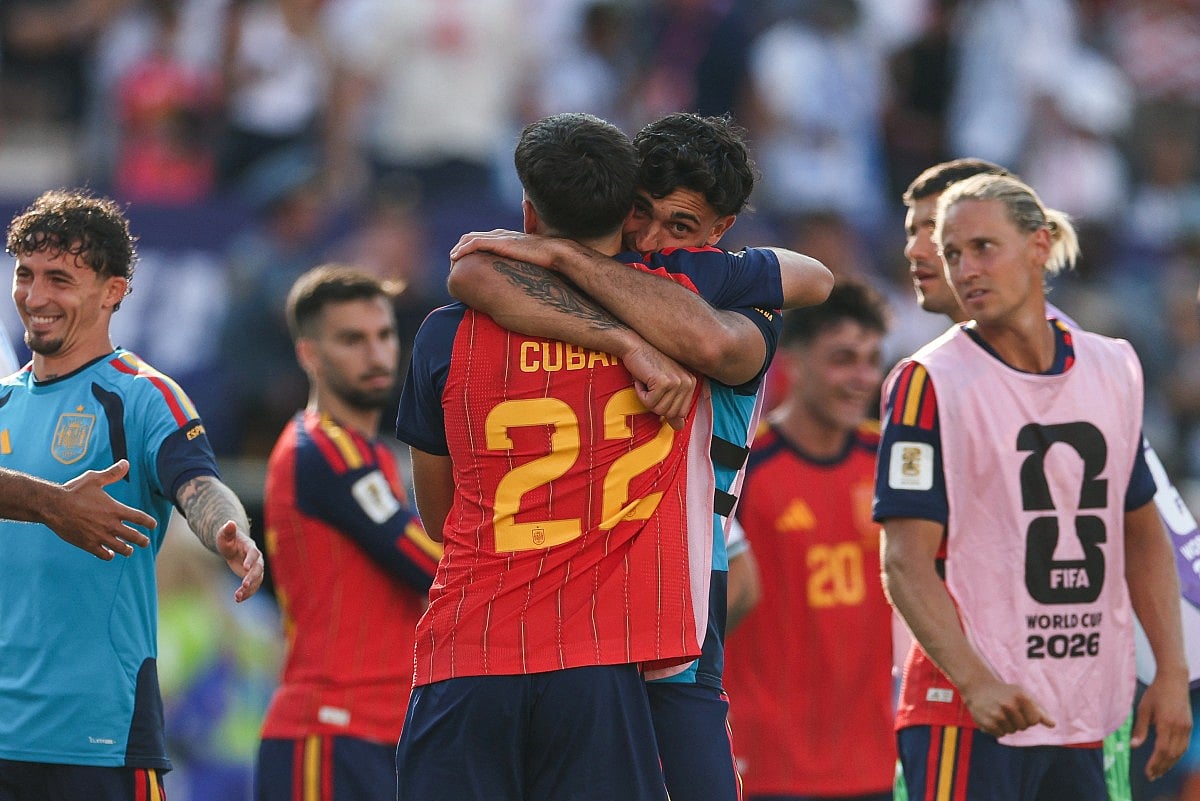 Spain's defender #02 Marc Pubill (R) and defender #22 Pau Cubarsi celebrate after winning the 2026 World Cup football tournament final match between Spain and Argentina at the New York/New Jersey Stadium in East Rutherford on July 19, 2026.